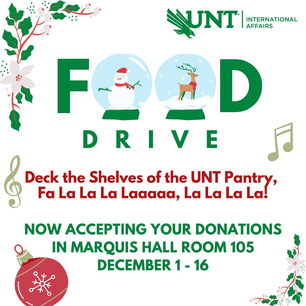 Our friends in International Affairs are hosting a food drive for us! Get in on the season of giving by dropping off food and toiletries in Marquis Hall 105 between now and the 16th. @GlobalUNT
