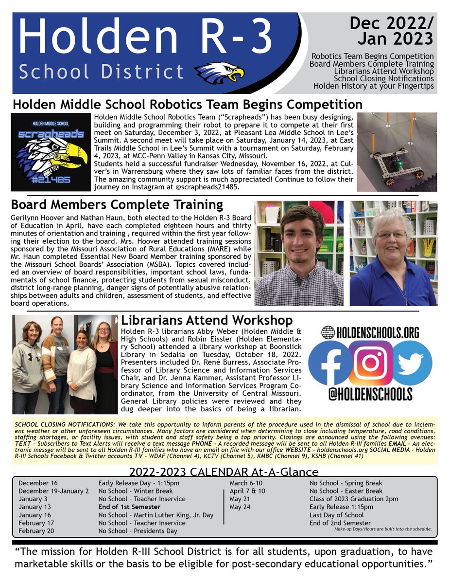 👀 Read the full Dec22/Jan23 Newsletter &amp; other district news on our website at holdenschools.org 😁!
.
#HoldenEagles 🦅