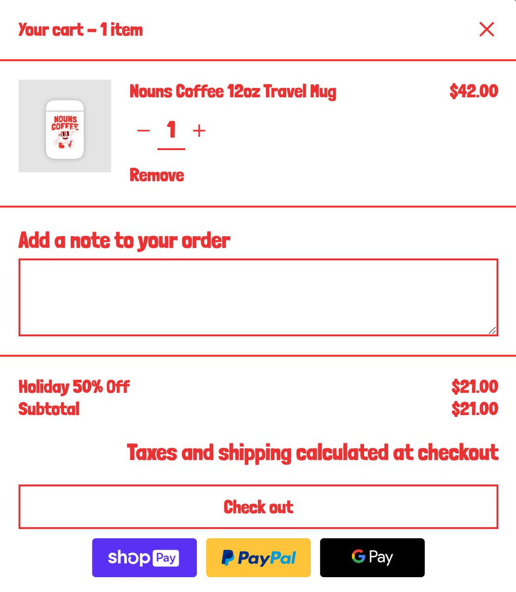 50% Off All Orders in December.
Auto applied at checkout.

We hear nounish mugs and totes make the best stocking stuffers. Happy Holidays! ⌐◨-◨ 

shop.nouns.coffee