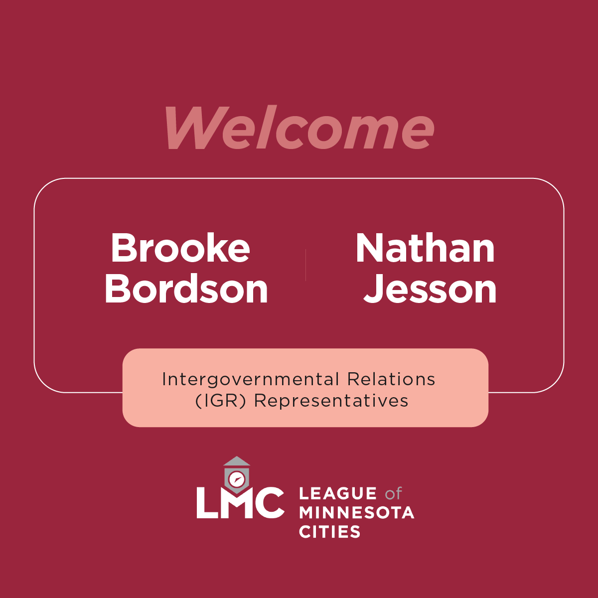 MinnesotaCities's tweet image. We're excited to announce that two Intergovernmental Relations Representatives are joining the League just in time for the 2023 Legislative Session. Welcome Brooke Bordson and Nathan Jesson! 

#MnCities