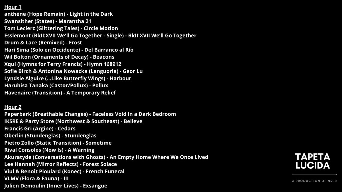 If you feel a chill in the air tonight that's just <a href="/nsprnews/">NSPR</a>'s Tapeta Lucida playing. The chillest program on radio waves airs 10 p.m to 12 a.m. PST. Listen at 91.7 FM or mynspr.org. 

Feat: <a href="/Esslemontsounds/">Esslemont</a> <a href="/havenairemusic/">Havenaire</a> <a href="/iksre/">n</a> &amp; Party Store <a href="/akuratyde/">Akuratyde</a> and more!