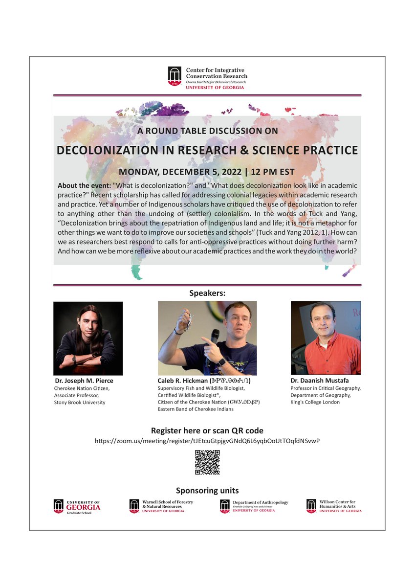 UGA Center for Integrative Conservation Research (@ugacicr) on Twitter photo Tune in for a <a href="/UGACICR/">UGA Center for Integrative Conservation Research</a> roundtable discussion on "Decolonization in Research & Science Practice"🌱💚🌎
When: 📅Dec 5, 2022, ⏰12:00 PM EST (US and Canada)
Register in advance for this meeting: zoom.us/.../tJEtcuGtpj… Tune in for a <a href="/UGACICR/">UGA Center for Integrative Conservation Research</a> roundtable discussion on "Decolonization in Research & Science Practice"🌱💚🌎
When: 📅Dec 5, 2022, ⏰12:00 PM EST (US and Canada)
Register in advance for this meeting: zoom.us/.../tJEtcuGtpj…