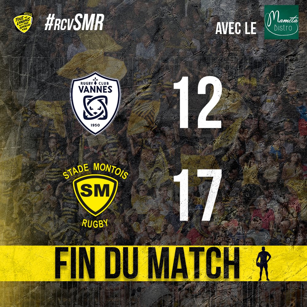 𝐒𝐂𝐎𝐑𝐄 𝐅𝐈𝐍𝐀𝐋
avec le Maméta Bistro

C'EST TERMINE A VANNES !
Les montois s’imposent au terme d'une fin de match haute en intensité !

#JauneetNoirsontnoscouleurs
#Icicestlerugbyquinousunit
#ProD2 #rugby #RCVSMR
#TousLandaisTousSupporters