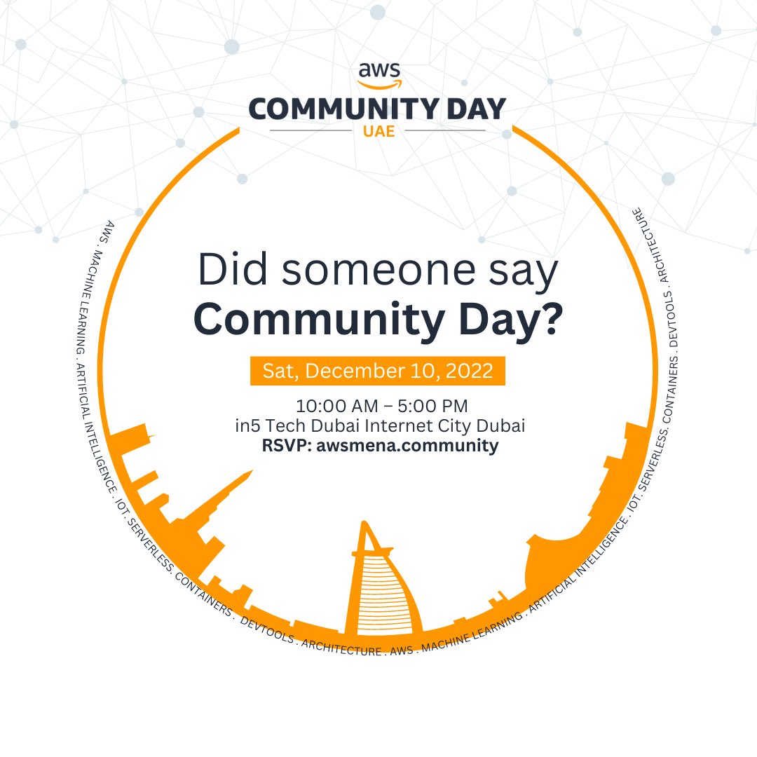 AWSDXB's tweet image. The 1st ever AWS Community Day UAE, 2022 🇦🇪 ☁️ on Sat. Dec. 10th! Update your calendars folks 🌞

Check agenda &amp;amp; register here 👉  awsmena.community

#AWSCommunity #UAE @AWSomeMENA @anaskhattar @_cloudranger @husynraj @hameedullah @rossbarich @Karissa_Wood_ @mariaencinar