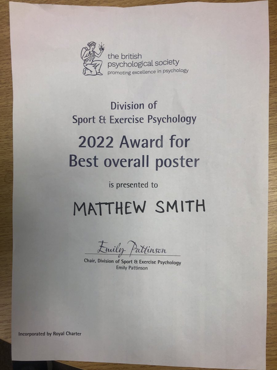 Matt Smith (@mattsmith_psych) on Twitter photo Great couple of days in Swansea at the <a href="/BPS_DSEP/">BPS Sport & Exercise Psychology (DSEP)</a> conference. Thanks to the organisers and particularly <a href="/RachArnold/">Dr Rachel Arnold</a> for a brilliant event.
Also, thanks for the award for my poster that examined conflict in teams with data presented as an enthnodrama. Great couple of days in Swansea at the <a href="/BPS_DSEP/">BPS Sport & Exercise Psychology (DSEP)</a> conference. Thanks to the organisers and particularly <a href="/RachArnold/">Dr Rachel Arnold</a> for a brilliant event.
Also, thanks for the award for my poster that examined conflict in teams with data presented as an enthnodrama.