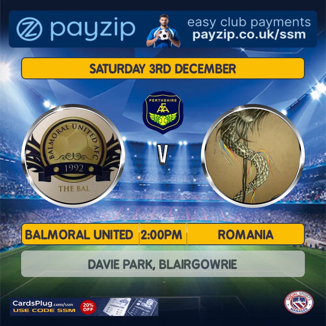 Next Fixture:

📅 - 03 Dec

🏆 - PAFA 2nd Division 

🆚 - FC Romania

📍 - Davie Park, Blairgowrie

⏰ - 2.00pm

All support welcome and appreciated. 

You can also follow us on Instagram 👉🏻 @balmoralunitedafc
Facebook 👉🏻 Balmoral Bill

MTB