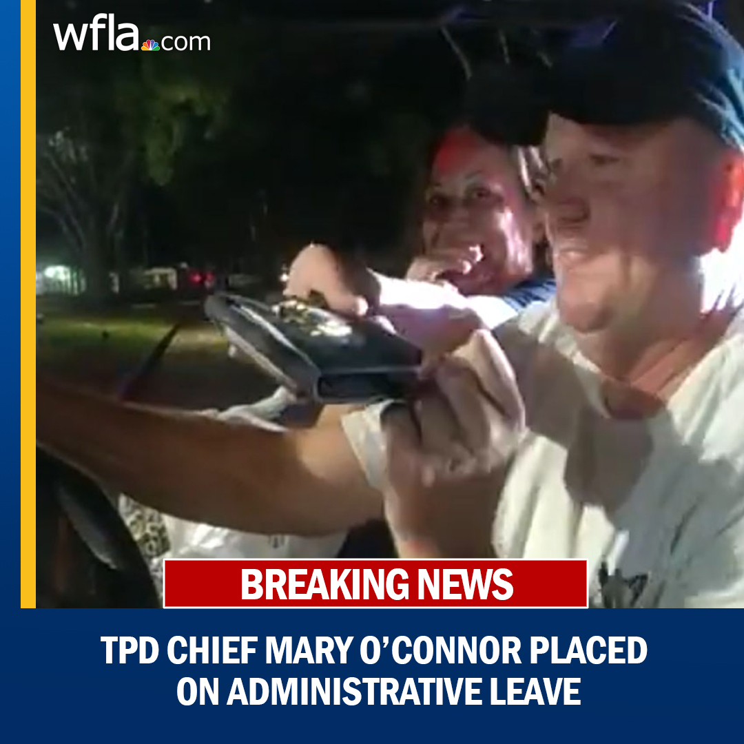 WFLA's tweet image. #BREAKING: Tampa Police Chief Mary O'Connor has been placed on administrative leave after she was captured on camera flashing her badge during traffic stop last month. Read more: bit.ly/3XRiEMJ