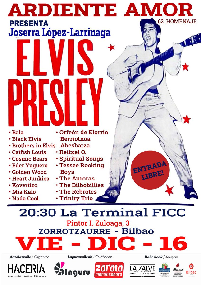 Gaur hamabost… El 16 de diciembre de 2022 homenaje de muchas bandas a #Elvis en Zorrotzaurre. You simply can’t miss it. Guk abesti pare bat egingo dogu, ia hiru urte ostean jo barik. 🤠 #Rockabilly #Country #Gospel #RythmAndBlues #BasqueCountry