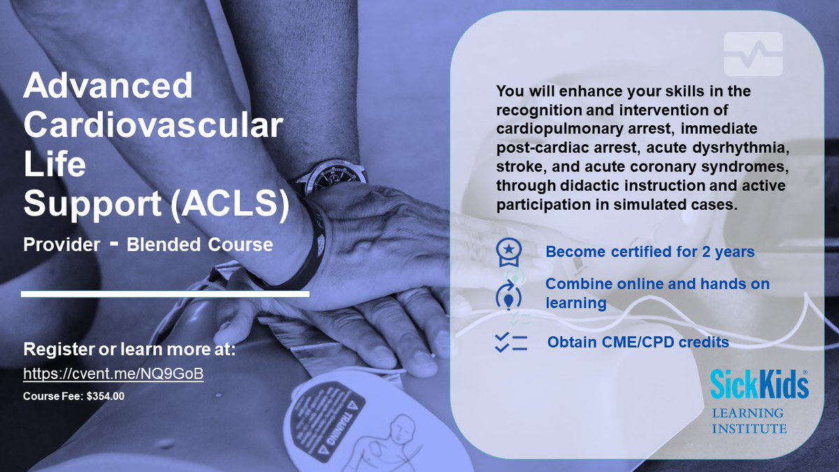 SickKids is offering an Advanced #Cardiovascular Life Support Blended course (ACLS). Participate in the blended virtual and hands-on learning from experienced #HeartAndStroke instructors. Next course on January 30, 2023. Register today: cvent.me/NQ9GoB
