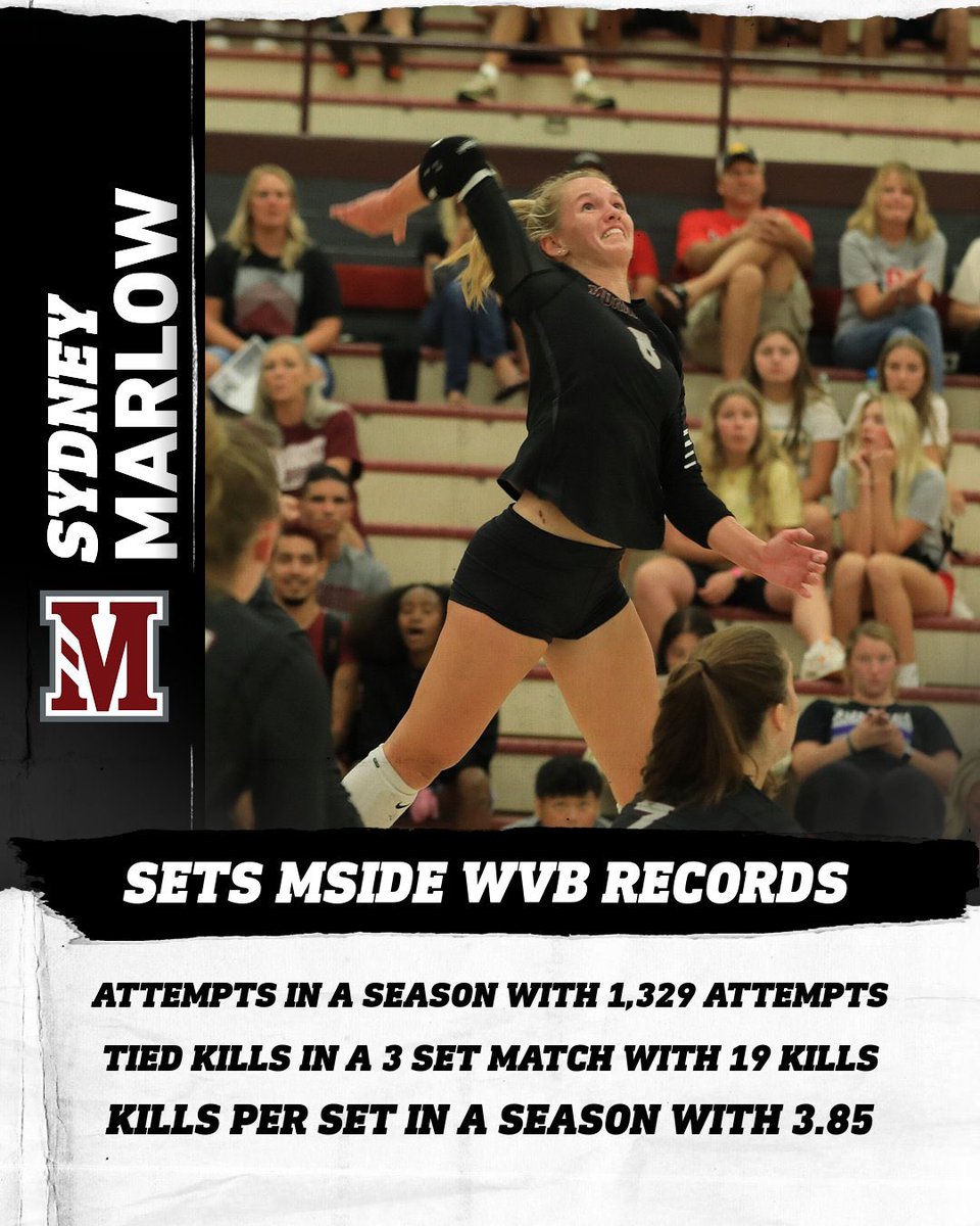 🚨BREAKING NEWS🚨 
<a href="/SydneyMarlow4/">Sydney Marlow</a> set a new attempts record in a season with 1,329 attempts. She also set a new kills per set record in a season with 3.85. Marlow tied the kills in a 3 set match record with 19 kills this fall as well. #NewRecords #RollStangs #MustangVolleyball