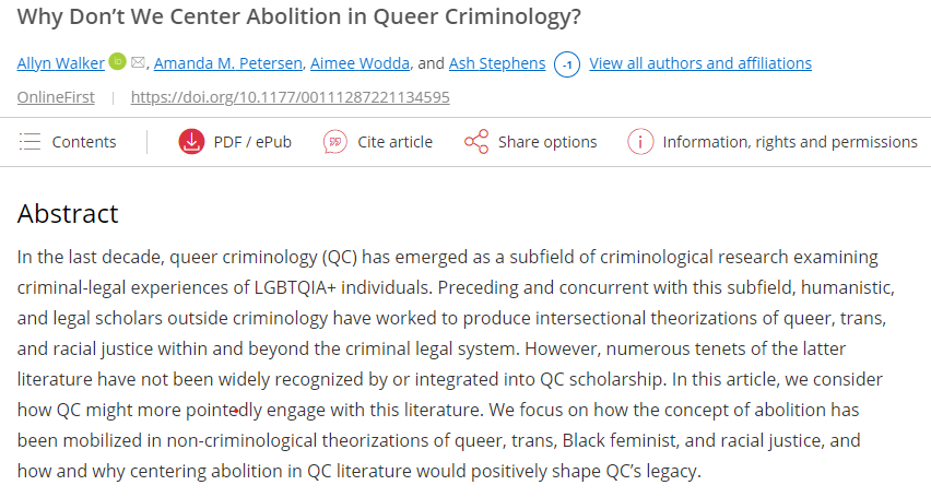 UICCLJ's tweet photo. Why don't we center abolition in queer criminology? UIC CLJ alum and bridge-to-faculty postdoc Ash Stephens joins Allyn Walker, Amanda M. Petersen, and Aimee Wodda to explore the question in this new article for Crime and Delinquency: https://t.co/RyQZGhR6KU https://t.co/bJWNXexpq8