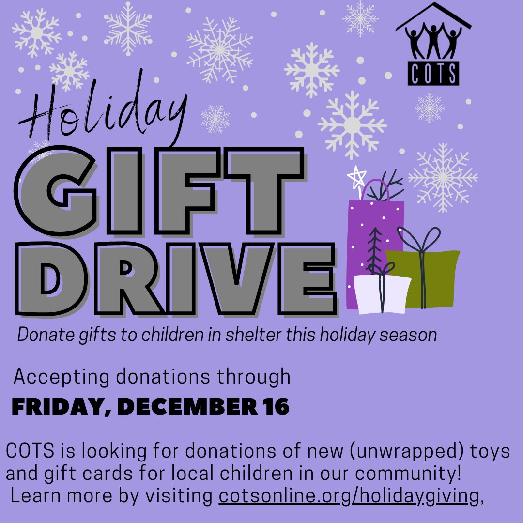 Thank you for making the holidays special for children and families experiencing homelessness!

Here is our holiday gift guide with all of the important details: cotsonline.org/holidaygiving/