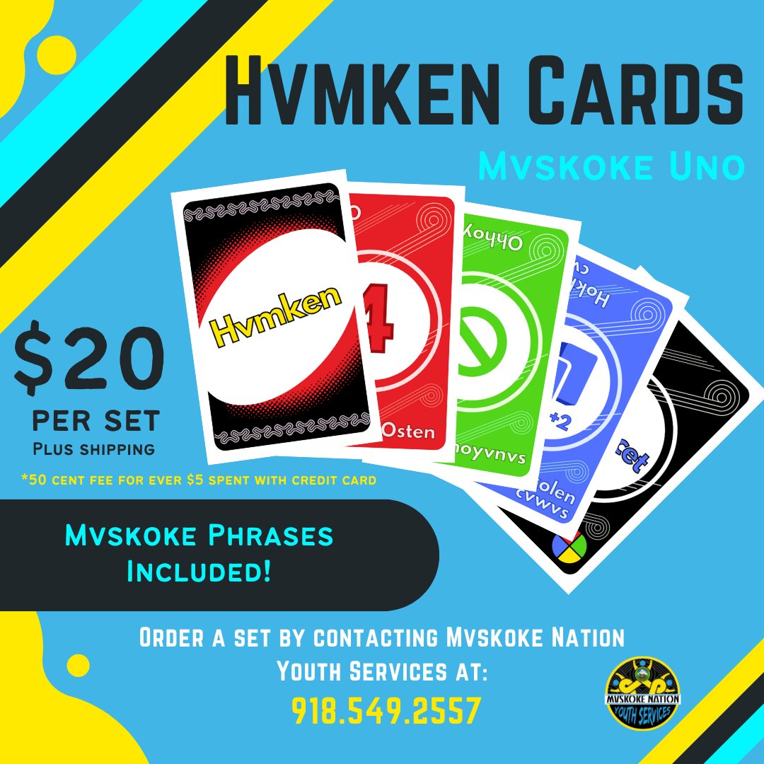 Looking for a fun way to play with your family but still incorporate Mvskoke? Play uno in Mvskoke with cards that have phrases to help you play the game in Mvskoke! Look at more at the link below or order a deck at: 918-549-2557 mvskokeyouth.com/shop