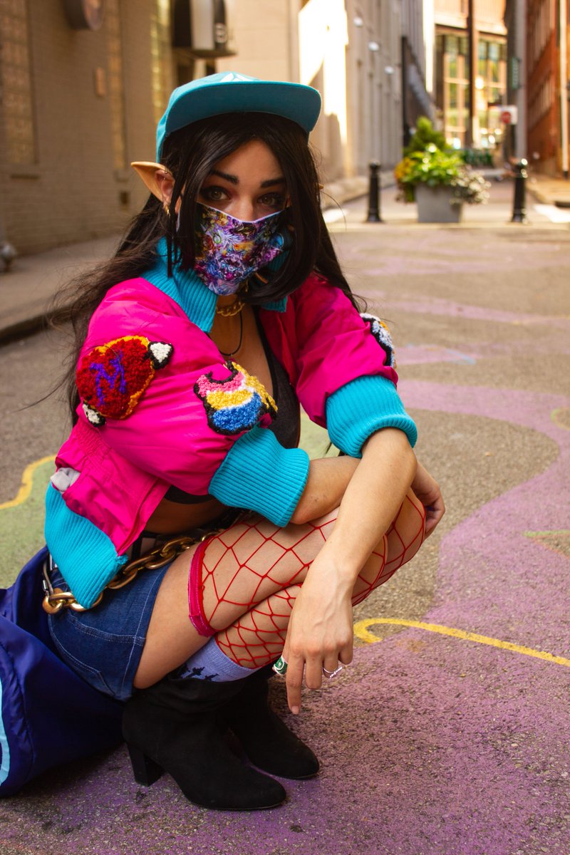 FlyingAce_xual's tweet photo. Dug up my old Twitter for this. Presenting Street Style Ying! I made the jacket and duffle from scratch, knitted the corg, and needle punched the patches #PaladinsCosplayContest https://t.co/hVo66ooEZB