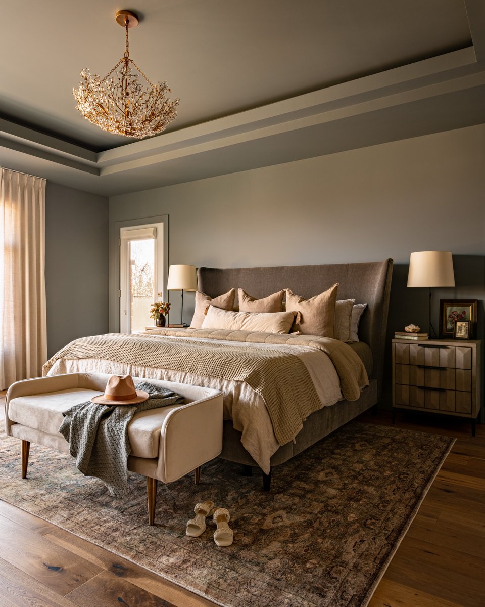 Keeping things serene in the #ProjectModernMill primary bedroom 😌 We wanted to create a space that radiated a sense of calm, incorporating modern and glamorous elements to tie in with the rest of the home. 

📸 &amp; Design by <a href="/westofmain/">West of Main Design</a>
🛋️ @westofmainshoppe

#womlifestylebydesign