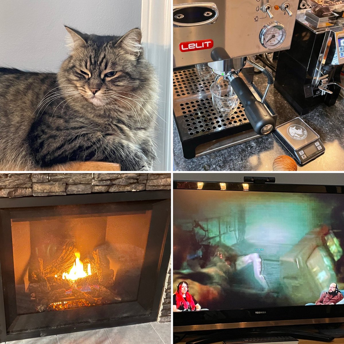 lamelycanthrope's tweet image. How does this (reluctantly identified as) Texan cope with the cold? A fire, complicated coffee, kitties (that I am definitely allergic to), and #PSAccess playing Callisto Protocol. New Christmas carol idea- the weather outside is frightful, and these aliens are frightful too?
