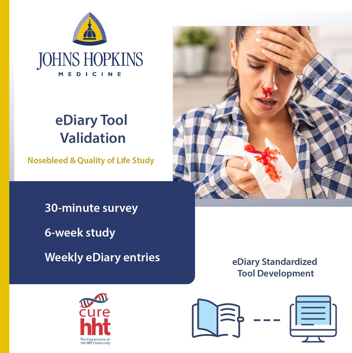curehht's tweet photo. Calling all HHT patients! We’re looking for volunteers for a 6-week study to help us validate a nosebleed eDiary tool to better measure the impact nosebleeds have on HHT patients’ lives. Click here: https://t.co/3i2Zpasp6K https://t.co/fJ4CcNN2rI