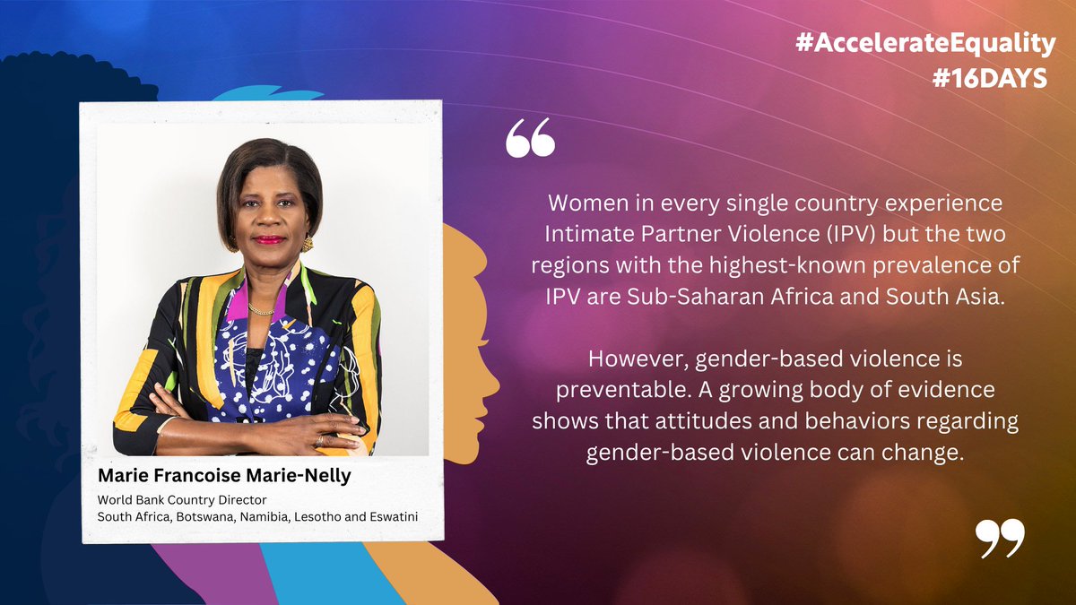 WorldBankAfrica's tweet photo. Violence against women and girls has a significant toll on their wellbeing, their families across generations and societies more broadly.
Together, we can shift norms and #EndGBV.
#16Days | #AcceleratingEquality
https://t.co/r0qv4Om1iq https://t.co/XF0cAZbRNR