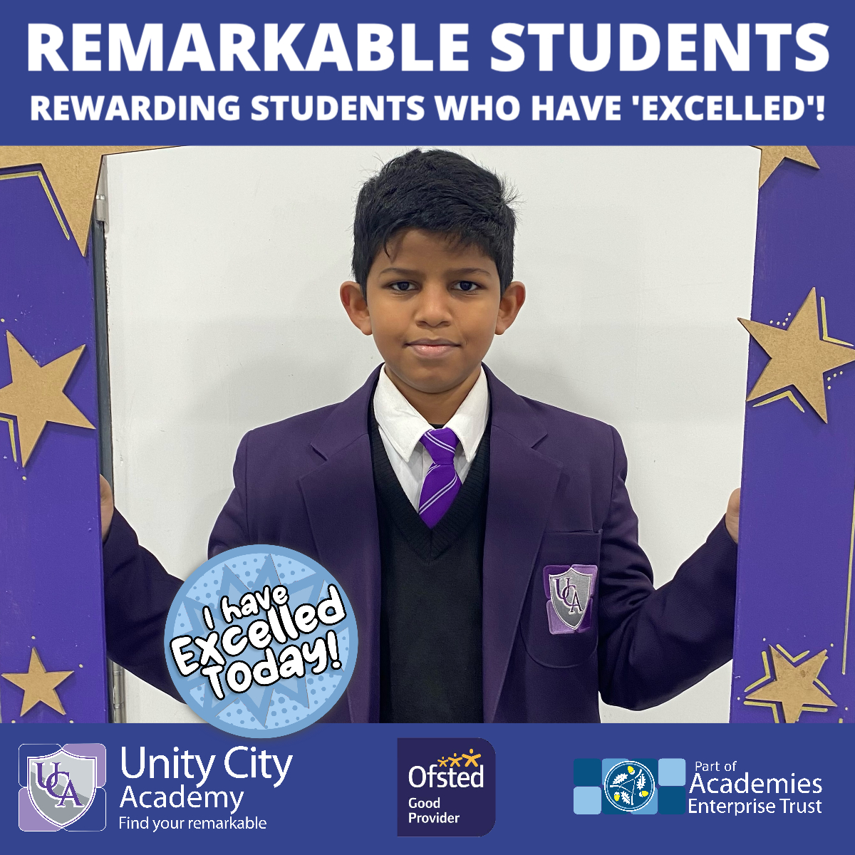 Lift_Unity_City's tweet photo. Congratulations to one of our amazing Year 7 students who has now recieved over 15 'I have excelled Today' postcards - meaning he recieves our special 'Excel Badge' and the rewards it brings!
#oneaet #findyourremarkable #excelled https://t.co/wgpGyU43qm