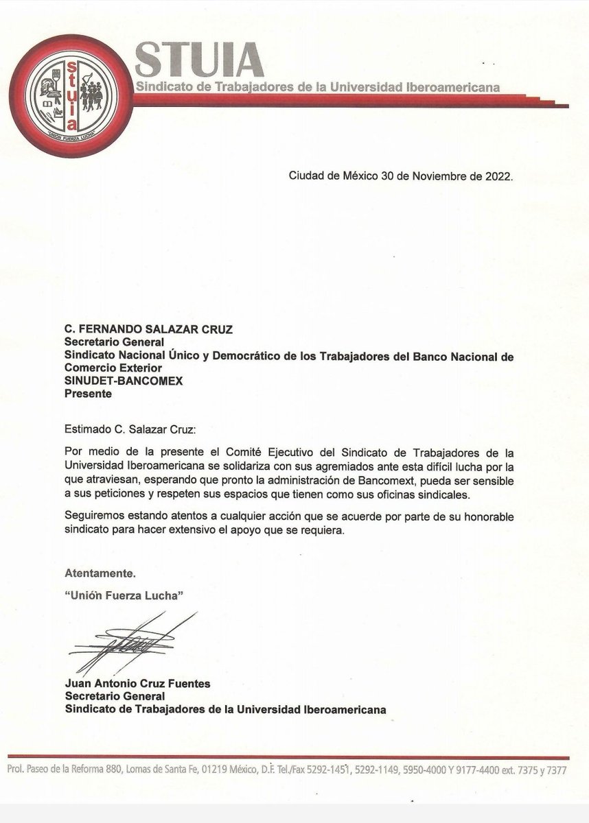 Sinudet's tweet photo. Muchas gracias a los compañeros del Sindicato de Trabajadores de la Universidad Iberoamericana por sus misivas de felicitación y apoyo solidario al @Sinudet. https://t.co/zCFIbt5k2f