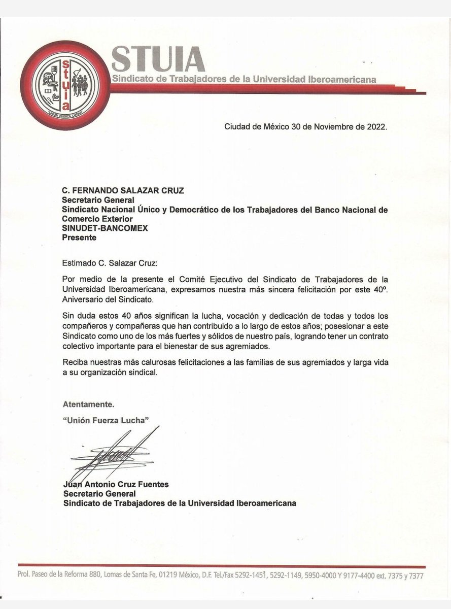 Sinudet's tweet photo. Muchas gracias a los compañeros del Sindicato de Trabajadores de la Universidad Iberoamericana por sus misivas de felicitación y apoyo solidario al @Sinudet. https://t.co/zCFIbt5k2f