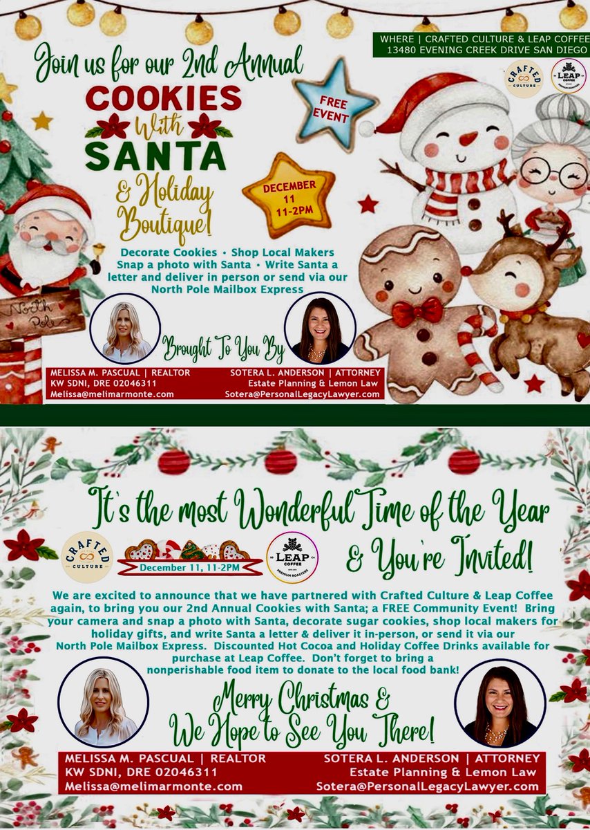 Excited to Co-Host with @personallegacylawyer our 2nd Annual Cookies with Santa!   Same great place @craftedculturesd @leapcoffee, same amazing Santa as last year!🎄🎅

#melissaprealestate #sandiegosanta #christmasinsandiego #christmasinsd #sdrealestate #sdhomes #sandiegorealtor