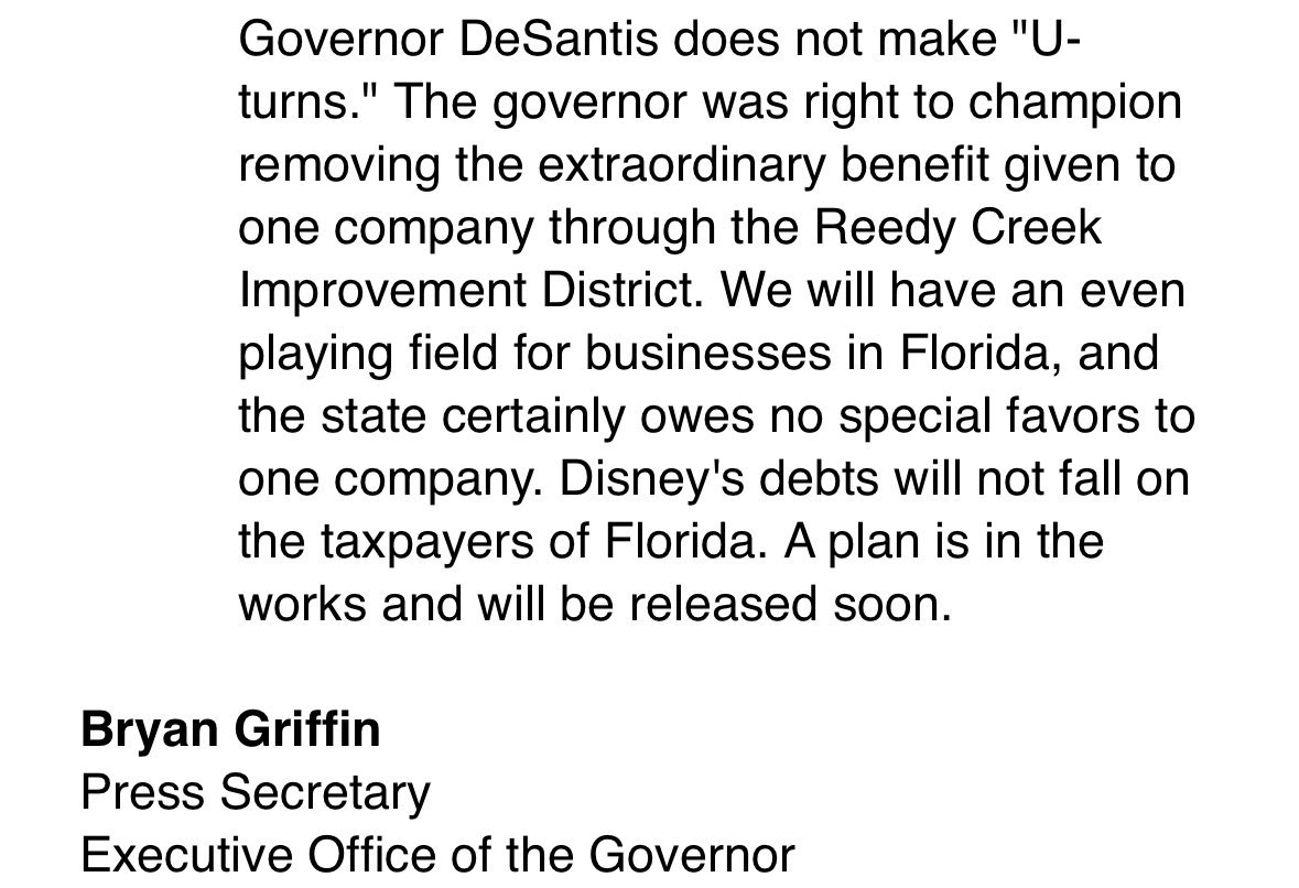 AnthonySabatini's tweet photo. Update: DeSantis communications team released a statement that DID NOT REFUTE that Florida is making a “compromise deal” with Disney to give Disney what it wants

The statement also DID NOT REFUTE any element of the @FT story from today except the use of the metaphor “u-turn”/ https://t.co/BCcx1DTRVR