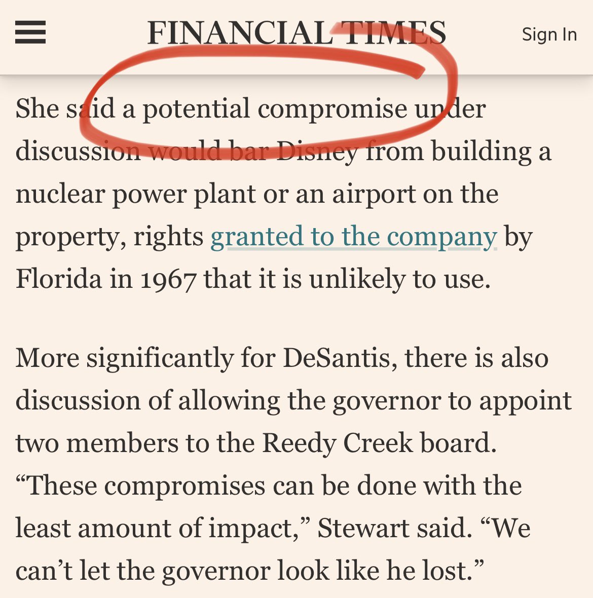 AnthonySabatini's tweet photo. Update: DeSantis communications team released a statement that DID NOT REFUTE that Florida is making a “compromise deal” with Disney to give Disney what it wants

The statement also DID NOT REFUTE any element of the @FT story from today except the use of the metaphor “u-turn”/ https://t.co/BCcx1DTRVR