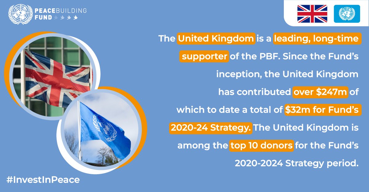 The United Kingdom🇬🇧 is a leading, long-time supporter of PBF. 
Since PBF's inception, the UK has contributed over $247m of which to date a total of $32m for the Fund’s 2020-24 Strategy. 
The United Kingdom is among the top 10 donors for the Fund’s 2020-2024 Strategy period.