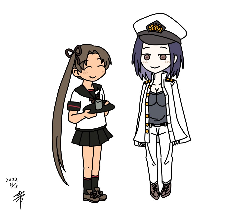 ayanami (kancolle) ,female admiral (kancolle) multiple girls 2girls brown hair school uniform side ponytail long hair hat  illustration images
