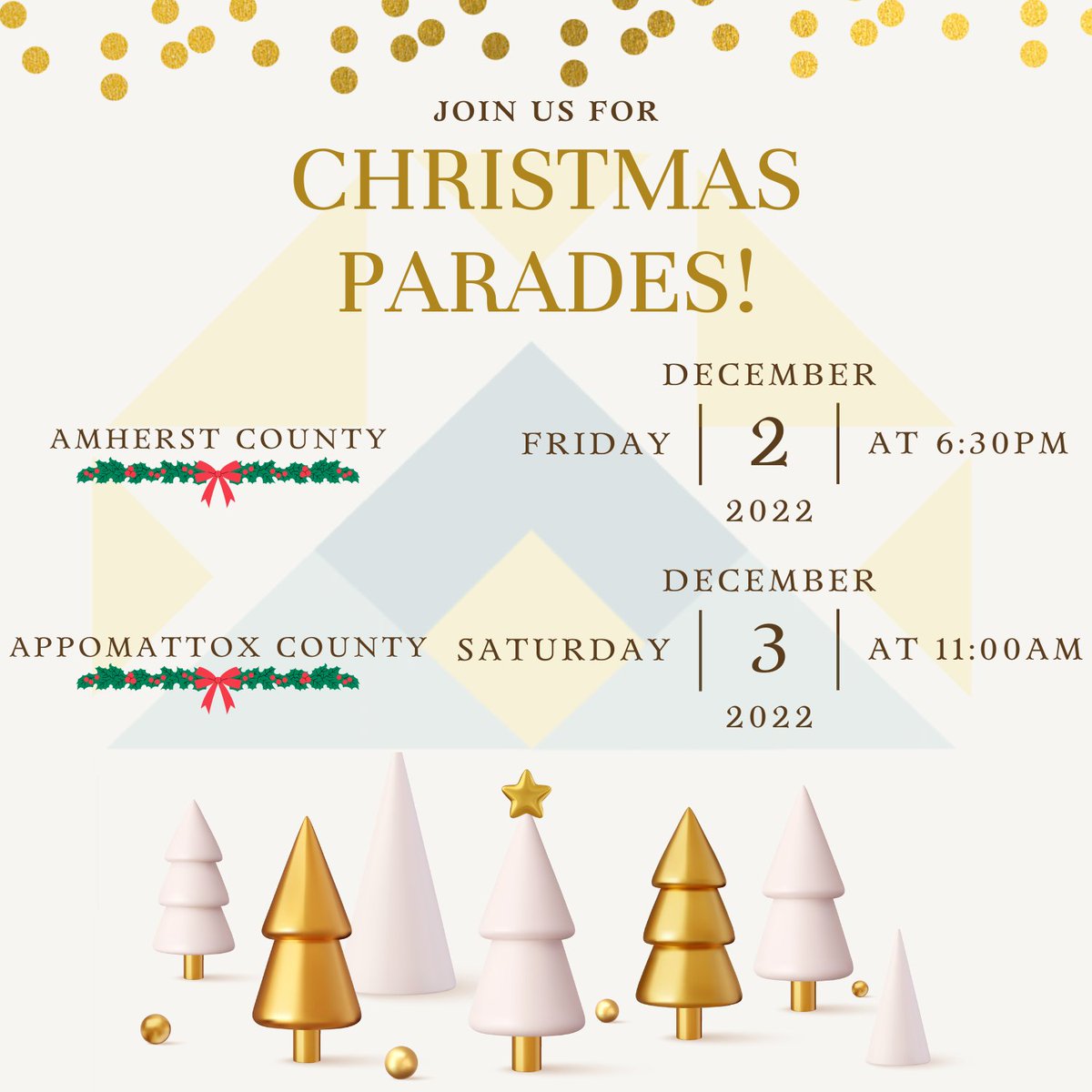 BRMedicalCenter's tweet photo. Join us this weekend for 2 of the biggest Christmas parades in our area!

We'll be at Amherst County's tonight at 6:30pm and at Appomattox County's tomorrow morning at 11:00am.

Can't wait to see y'all! https://t.co/jFvTSIatBk