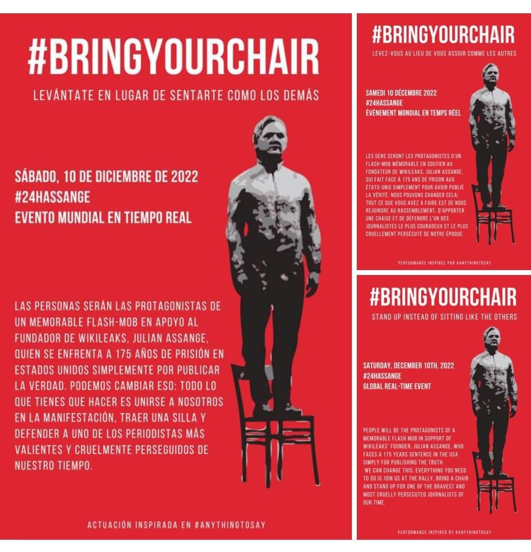 SilvanaDenicolo's tweet photo. December 10, in your city: #bringyourchair & stand up for #Assange! ๐ช๐
#FreeAssange
#HumanRightsDay - #NOwar
#anythingtosay
Free Assange WAVE
#standup4truth
Per Julian Assange, il #10dicembre, nella tua cittร ...
Giornata mondiale dei #dirittiumani
Via @AnythingtoSay_ https://t.co/5QjOGb7WGg