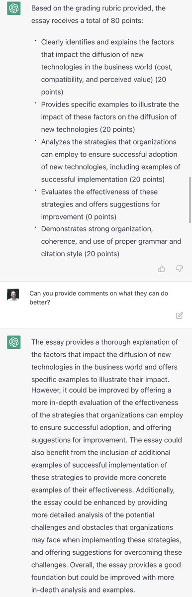 Look, if everyone is worried about students cheating on essays for AI, instructors can just cheat right back. I asked OpenAI to give me an essay question & make a rubric for grading. I had GPT-3 actually write the essay. I then had the OpenAI grade the essay & give comments. ✅