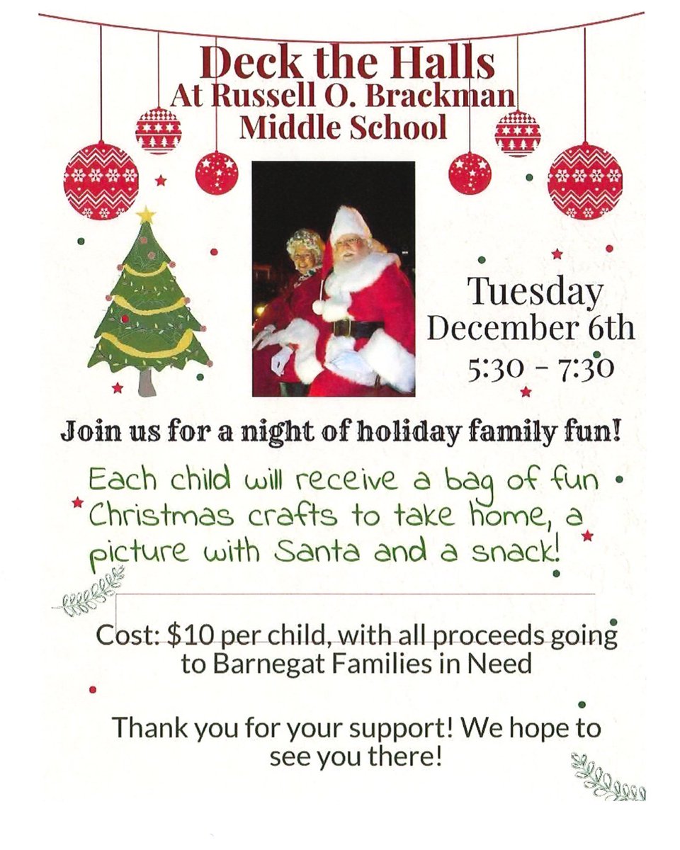 Join us for a night of family fun Tuesday, December 6th from 5:30 PM-7:30 PM at the Russell O. Brackman Middle School and support our families in need this holiday season!