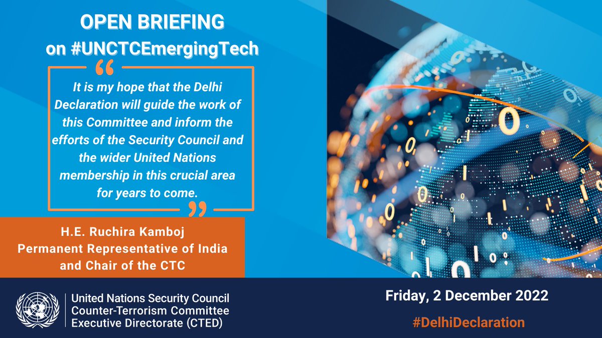 UN_CTED's tweet photo. #CTC Chair @ruchirakamboj closes #CTCOpenBriefing on #UNCTCEmergingTech, thanking delegates & participants.
For more info on special meeting in India & the #DelhiDeclaration, visit us: https://t.co/SDQ1wY6ccF https://t.co/fxW4Yw28g2