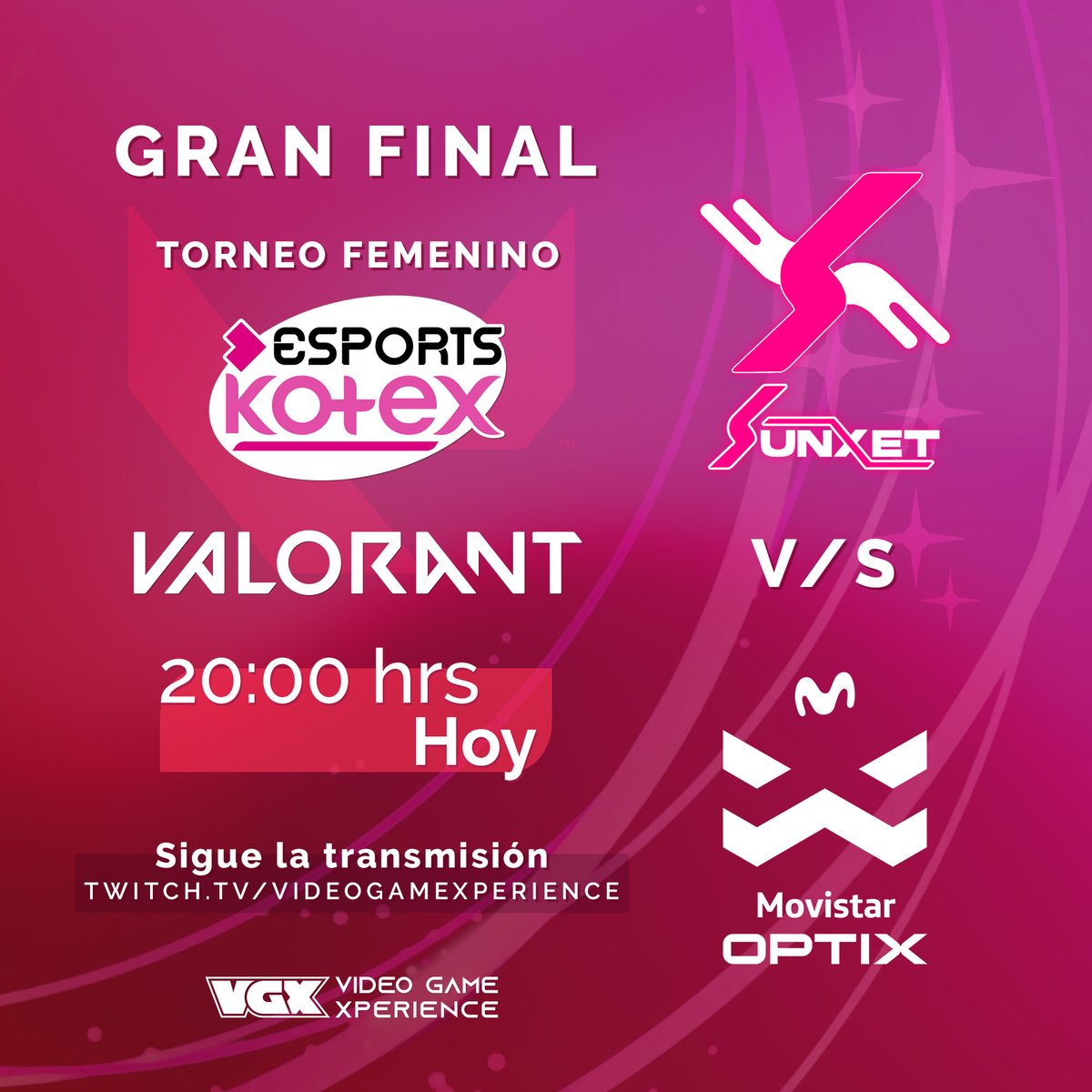 ¡ES HOY!
A las 20:00 hrs los y las esperamos en el Twitch de VGX para la Gran Final del Torneo Femenino Kotex Esports Valorant, entre <a href="/SunXetClub/">SunXet</a> y <a href="/movistaroptix/">Movistar Optix</a> . Pueden encontrar el link en la bio.
 #WomenInGames #Torneo #Kotex #Esports #torneo