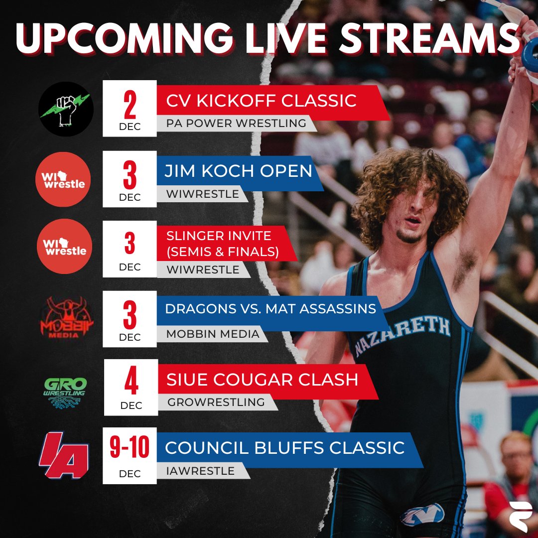 Cumberland Valley Kickoff Classic <a href="/PAPowerWrestle/">PA Power Wrestling</a> 

Jim Koch Open &amp; Gunslinger Invite <a href="/WI_wrestle/">WIwrestle</a> 

Dragons vs. Mat Assassins <a href="/mobbinmedia/">Mobbin Media</a> 

SIUE Cougar Clash <a href="/GroWrestling/">GroWrestling</a> 

LIVE this weekend! Check the upcoming stream schedule here: rokfin.com/article/10760/…