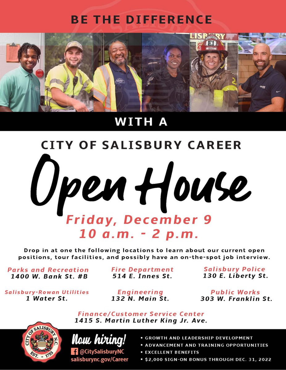 CitySalisburyNC's tweet photo. We’re hosting a citywide career open house on Friday, Dec. 9 from 10 a.m. to 2 p.m. at various City buildings. This drop-in event will allow job seekers to tour work locations, ask job-related questions, and in some cases, interview “on the spot.” More ➡️https://t.co/VltthbMHUu. https://t.co/2ut1C7v3wi