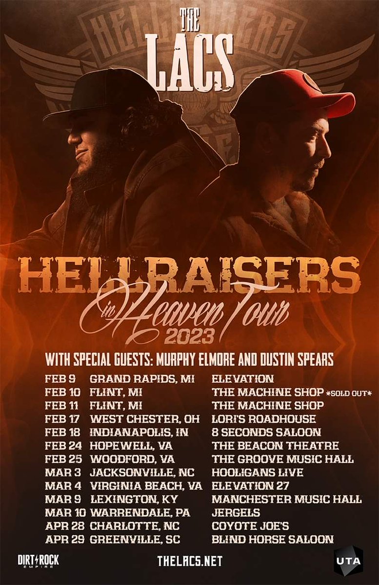 redneckmusicrm's tweet photo. @TheLacsMusic
Hellraisers in Heaven Tour
2023
WITH SPECIAL GUESTS: MURPHY ELMORE AND DUSTIN SPEARS
Get tickets at https://t.co/DQCapHuPbG https://t.co/rqFqbQ0Fnd