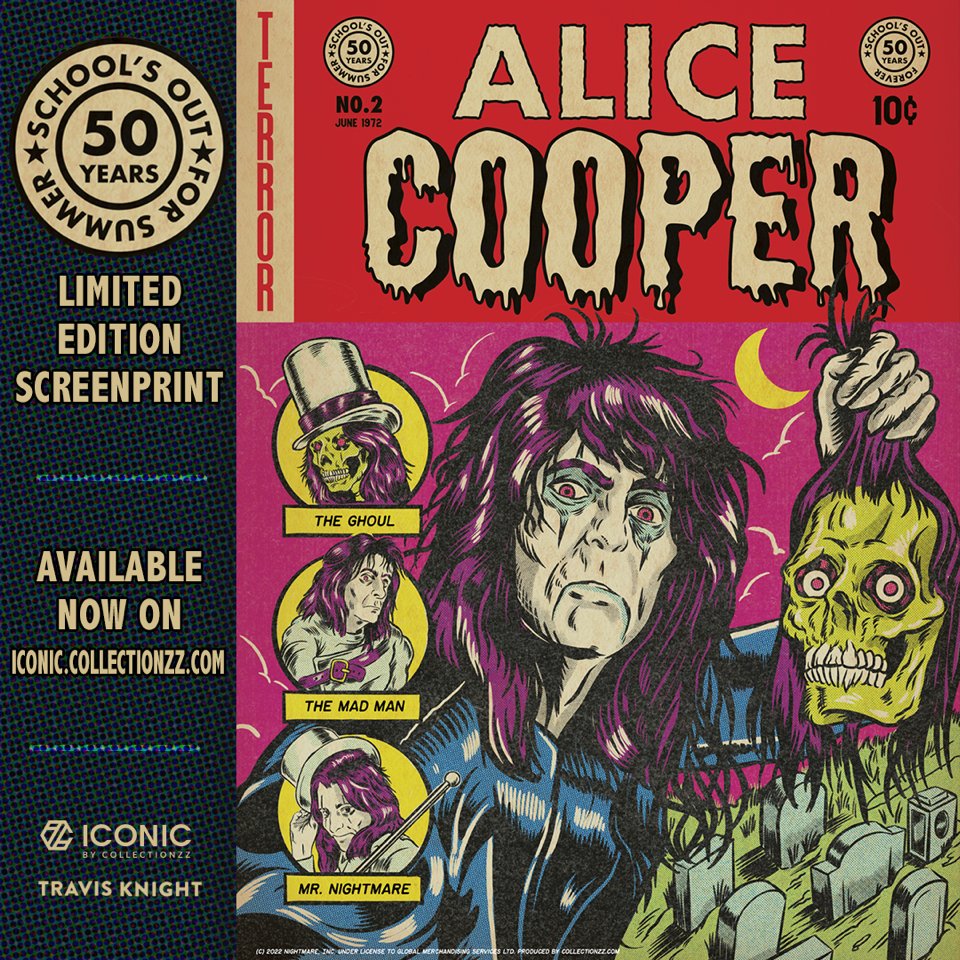 alicecooper's tweet image. Limited edition School’s Out 50th anniversary screenprint from @collectionzz now available at iconic.collectionzz.com! 

Art by @travisknight