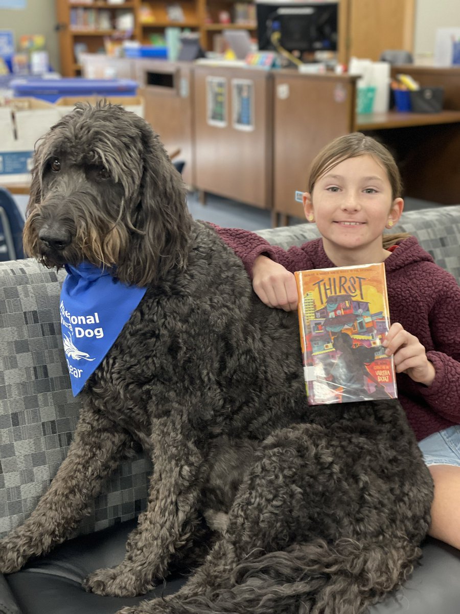 hmsbearapy's tweet photo. Just booktalked Thirst by Varsha Bajaj to our 4th graders &amp; Caydence couldn’t wait to get her hands on it. Come by the HMS library to find more new reads! #HMSPride #440Proud #booktalks #therapydog #newreads @varshabajaj https://t.co/ddDsCyrqTC