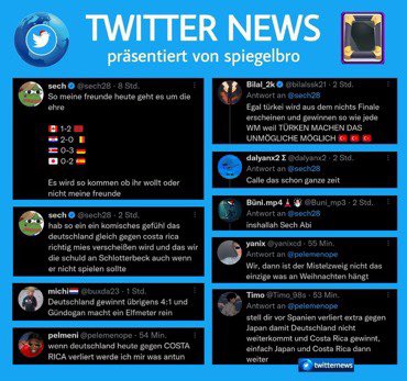 LeanHunterEcht's tweet photo. TWITTER NEWS - 01.12.2022

➩ Der Streamer @Papaplatte erklärt unserer Twitterbubble den Krieg. [Abb.2]
➩ Ein kleiner Junge fragt sich, ob er den diesjährigen DDD schafft. [Abb.3]
➩ #GERCRC - Die Deutsche Nationalmannschaft trifft heute bei der #WM2022 auf Costa Rica. [Abb.4] https://t.co/SbwdAIb0Ai