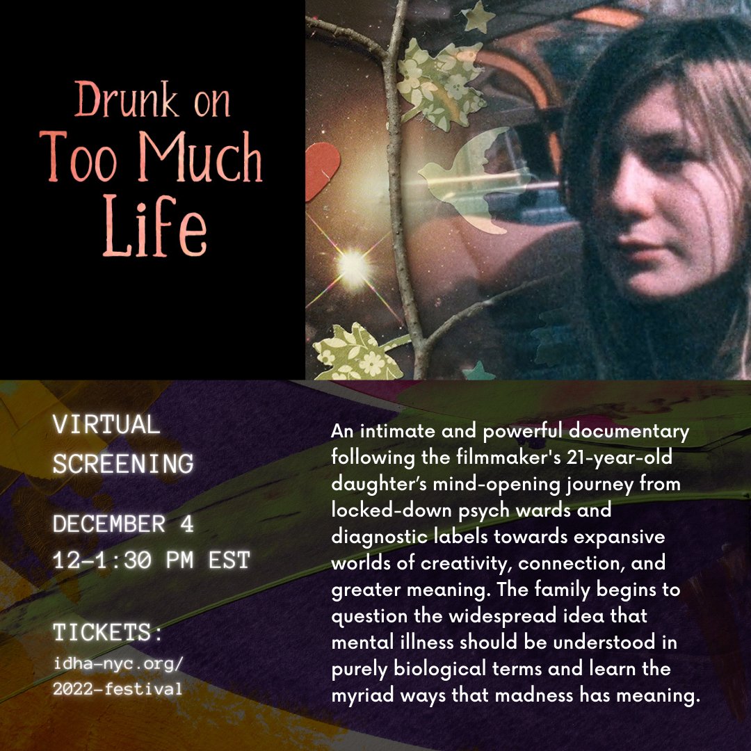 THIS SUNDAY!!! DECEMBER 4, 2022 
Watch the documentary DRUNK ON TOO MUCH LIFE <a href="/idha_nyc/">Institute for the Development of Human Arts</a> followed by a panel discussion with New York Times best-selling author <a href="/DrGaborMate/">Dr. Gabor Maté</a>, Elmina Bell, Mariel Buqué, at 3:30 p.m.!!
#TheMythofNormal 
drunkontoomuchlife.com
drgabormate.com/book/the-myth-…