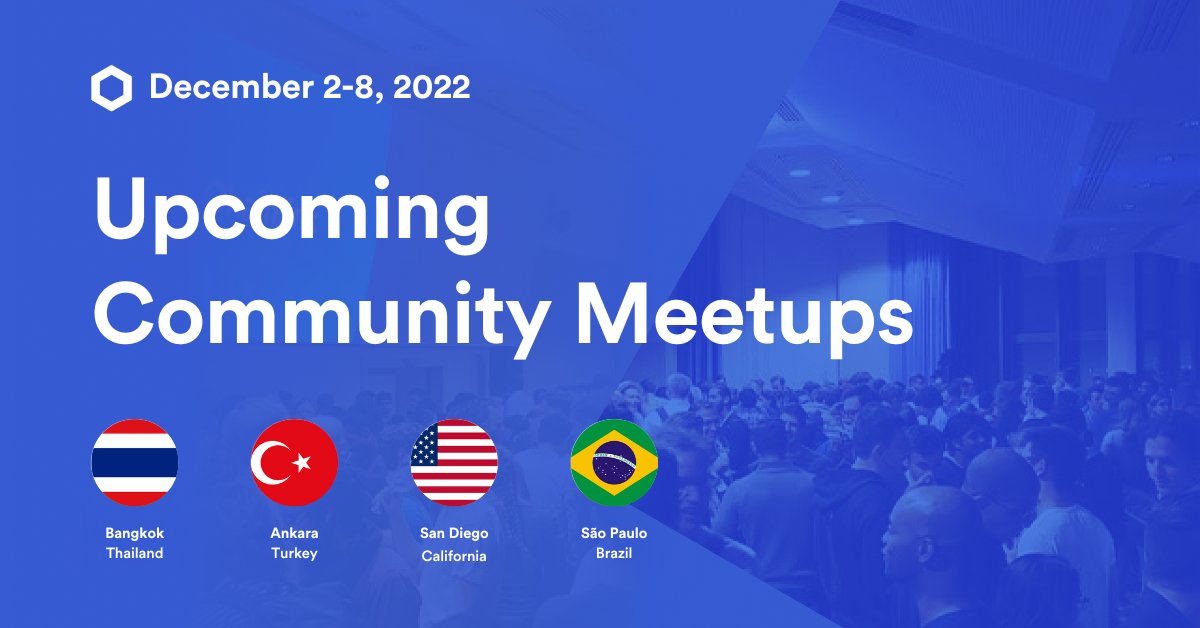 🌍 Get the latest on #Web3 innovation by meeting the #Chainlink community in person at events worldwide.

This week, 4 meetups in #Bangkok, #Ankara, #SanDiego, and #SãoPaulo 📆⬇️ 
chain.link/community/even…