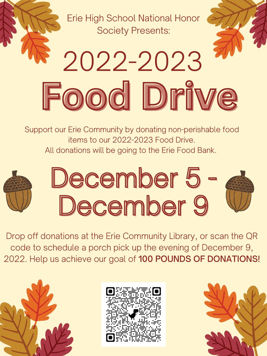 ChadCooper_EHS's tweet photo. Erie High School Food Drive is starting next week and will run until Dec. 9, 2022.  EHS Students, please bring non-perishable food items into your B6 class period. 
Help us achieve our goal of 100 POUNDS OF DONATIONS! @ErieHighSchool @TigersPrincipal @ErieHigh_AP @LizRussell_edu https://t.co/B5obqEgEub