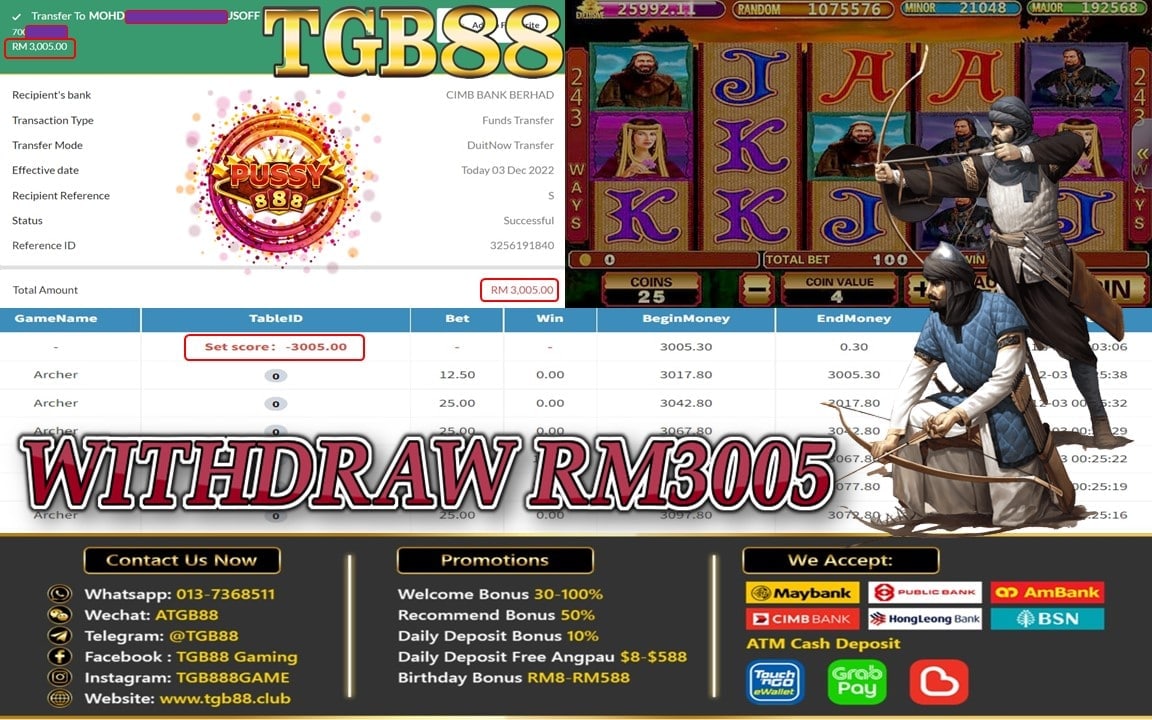 Selamat Datang Ke Syarikat TGB88 🇲🇾🇸🇬 🇧🇳
 Tahniah Member TGB88 Cuci Sebanyak RM3005
🗓Tarikh : 03/12/2022
🕹Game : ARCHER
🕹Apps : PUSSY888
🕹Top Up : RM 200
🕹Withdraw : RM3005

📑Register📑
✉️Whatsapp: 016-3812685
hi.jomwasap.my/TGB88Candy1
✉️Telegram:
t.me/TGBCandy