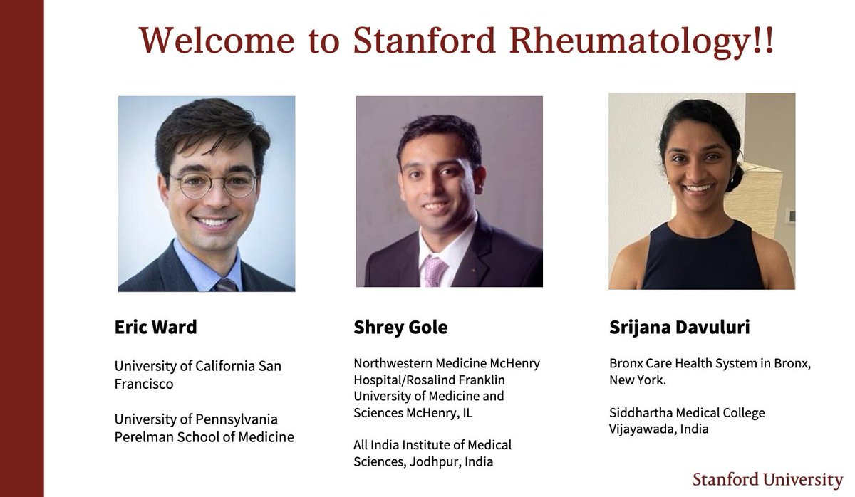 We are excited to announce this year's Stanford Rheumatology fellowship match... congrats to Eric Ward Shrey Gole and Srijana Davuluri!