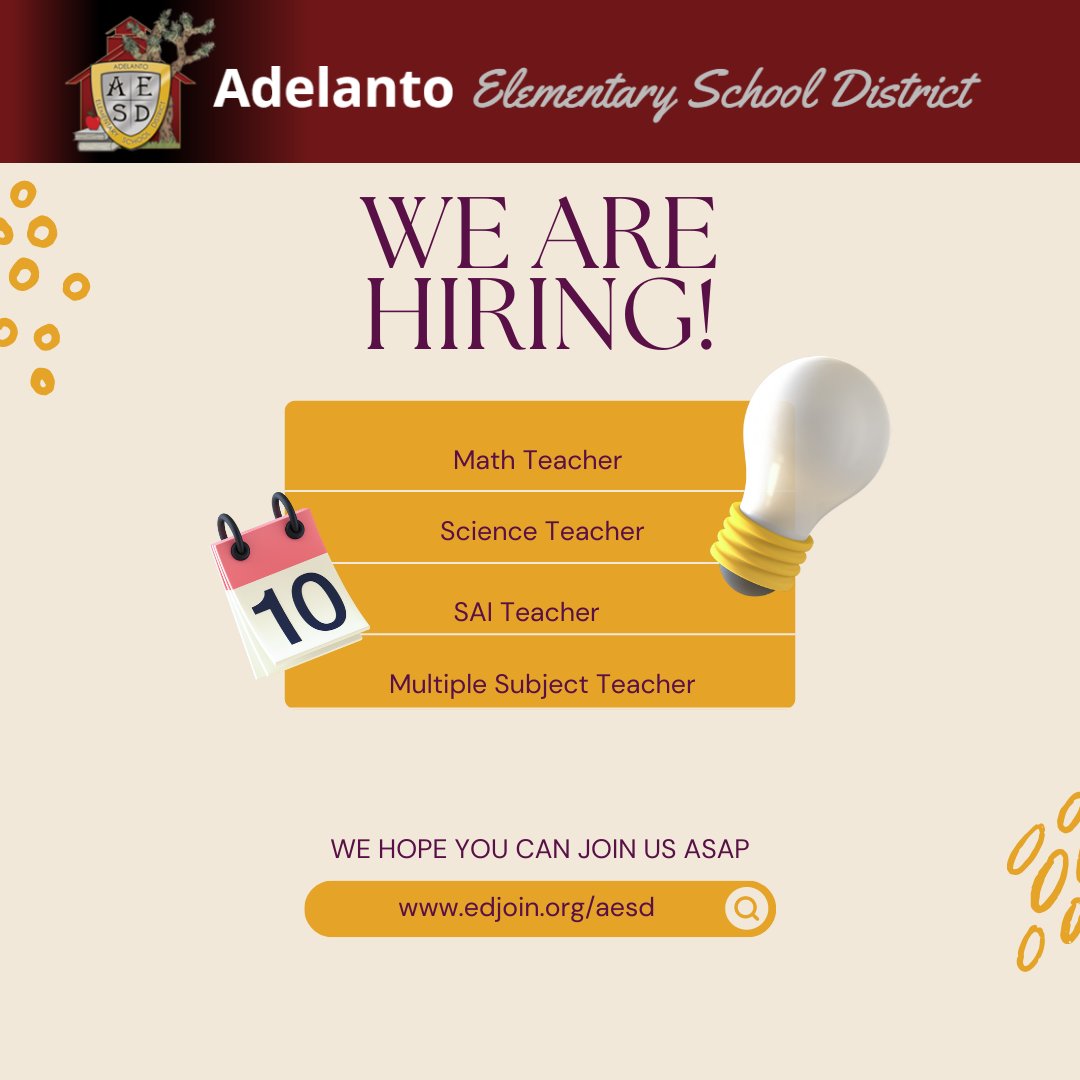 We are hiring multiple certificated positions for the 2022-2023 School Year. #aesd #aesdhr #buildingtomorrowtoday #teacher #hire