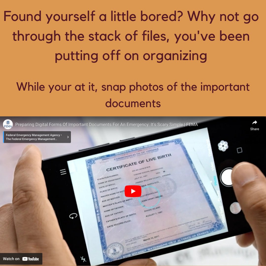 FlaglerEOC's tweet photo. Sometimes you have to tell yourself to complete a mundane task. Why not sit down for an hour with your important documents and start snapping  photos. 

#FlaglerEOC #Savethedoc #Preparedness https://t.co/C3TP2zq91z