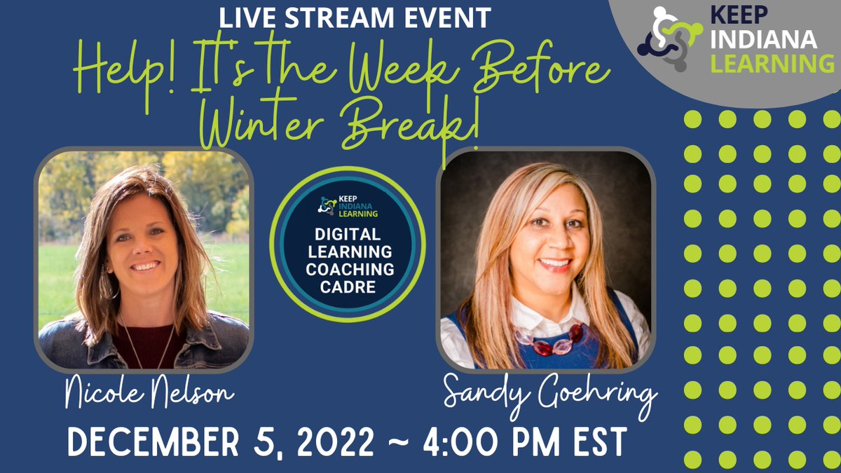 Join <a href="/NelsonTechy/">Nicole_Nelson</a> &amp; <a href="/sandygoehring/">Cassandra Goehring</a> tomorrow at 4 PM ET as they share ideas for keeping student engagement high as winter break approaches!  Subscribe to YouTube.com/KeepIndianaLea…. Need ideas now? Search #KeepINLearning for tips shared in last week's twitter chat.